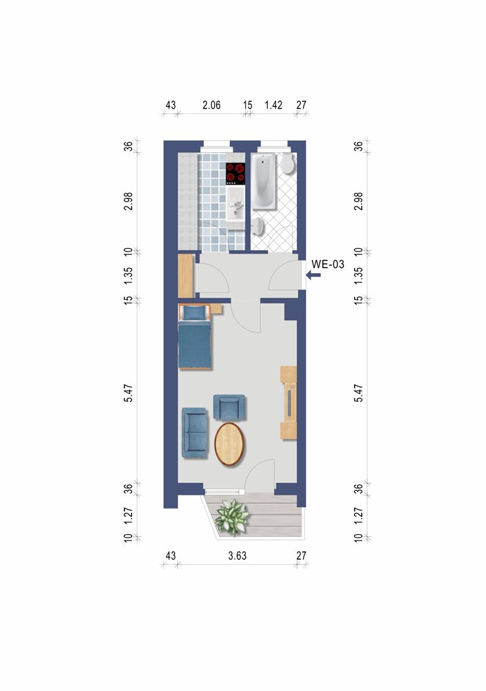 Grundriss WE 37 qm Etagenwohnung Remscheid / Lennep